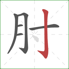 肘的笔顺第6画:竖钩 肘的笔顺第6画:竖钩