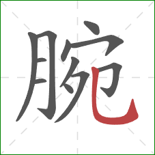 腕的笔顺第12画：竖弯钩